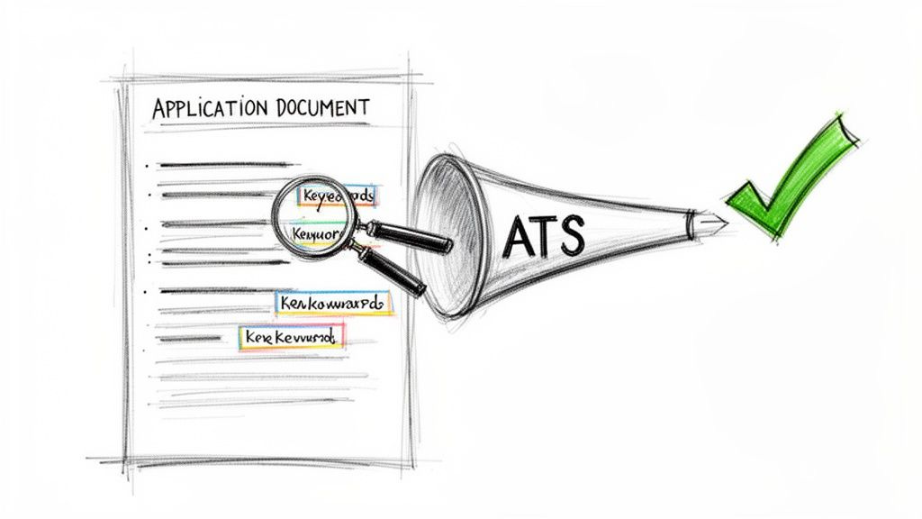An application document with keywords being scanned by an ATS system, leading to a green checkmark.