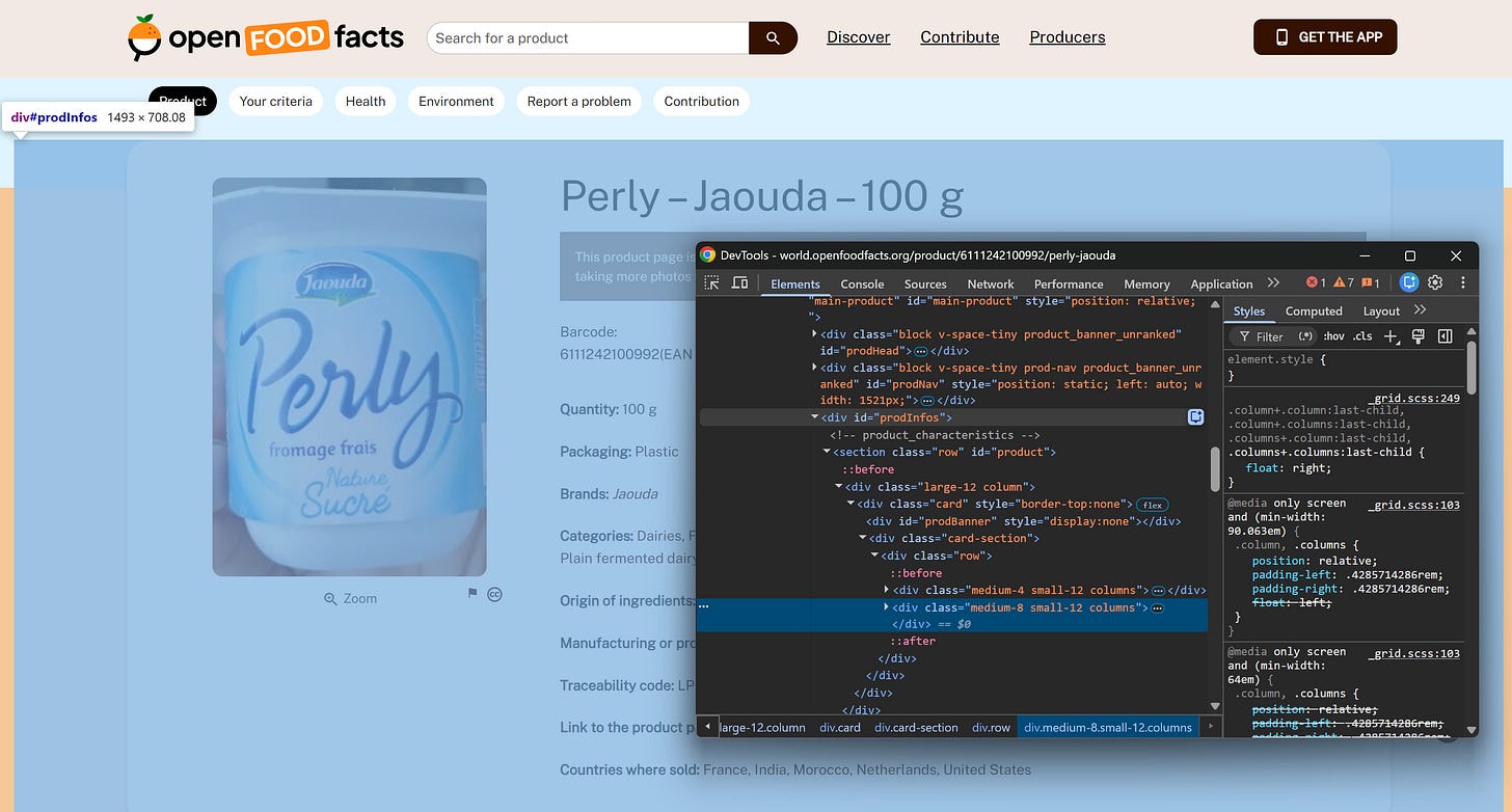 Note the “#prodInfos” element with the main product data Note the “#prodInfos” element with the main product data