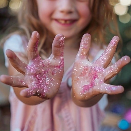 In this delightful scene, a young girl, with a big smile on her face, proudly displays her hands covered in shimmering pink glitter. The glitter sticks to her small hands, creating a sparkling effect that seems to capture the essence of childhood wonder and creativity. The blurred background emphasizes her joyful expression and the vibrant glitter, making it a captivating moment of innocence and play. In this delightful scene, a young girl, with a big smile on her face, proudly displays her hands covered in shimmering pink glitter. The glitter sticks to her small hands, creating a sparkling effect that seems to capture the essence of childhood wonder and creativity. The blurred background emphasizes her joyful expression and the vibrant glitter, making it a captivating moment of innocence and play.