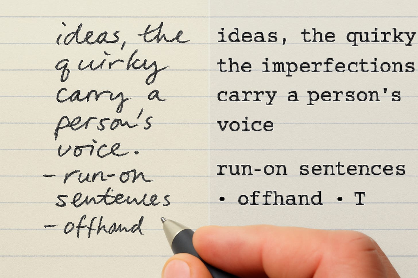 Side-by-side image comparing a handwritten note and an AI-generated block of text, symbolizing the drift from messy human expression to synthetic realness.