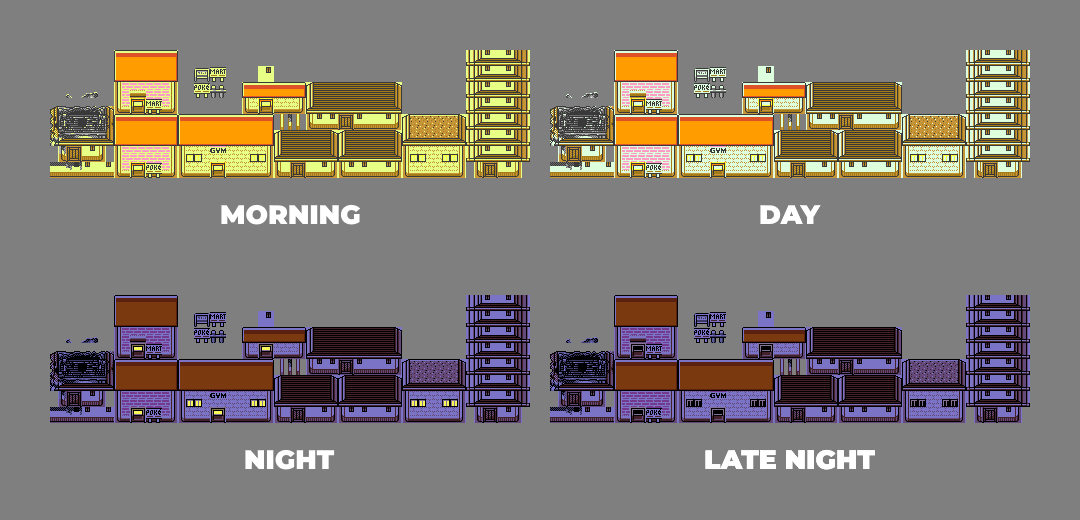 Ecruteak buildings from Pokémon Crystal, compiled together in a single image. There are 4 versions in total, being: Morning, Day, Night, Late Night Ecruteak buildings from Pokémon Crystal, compiled together in a single image. There are 4 versions in total, being: Morning, Day, Night, Late Night
