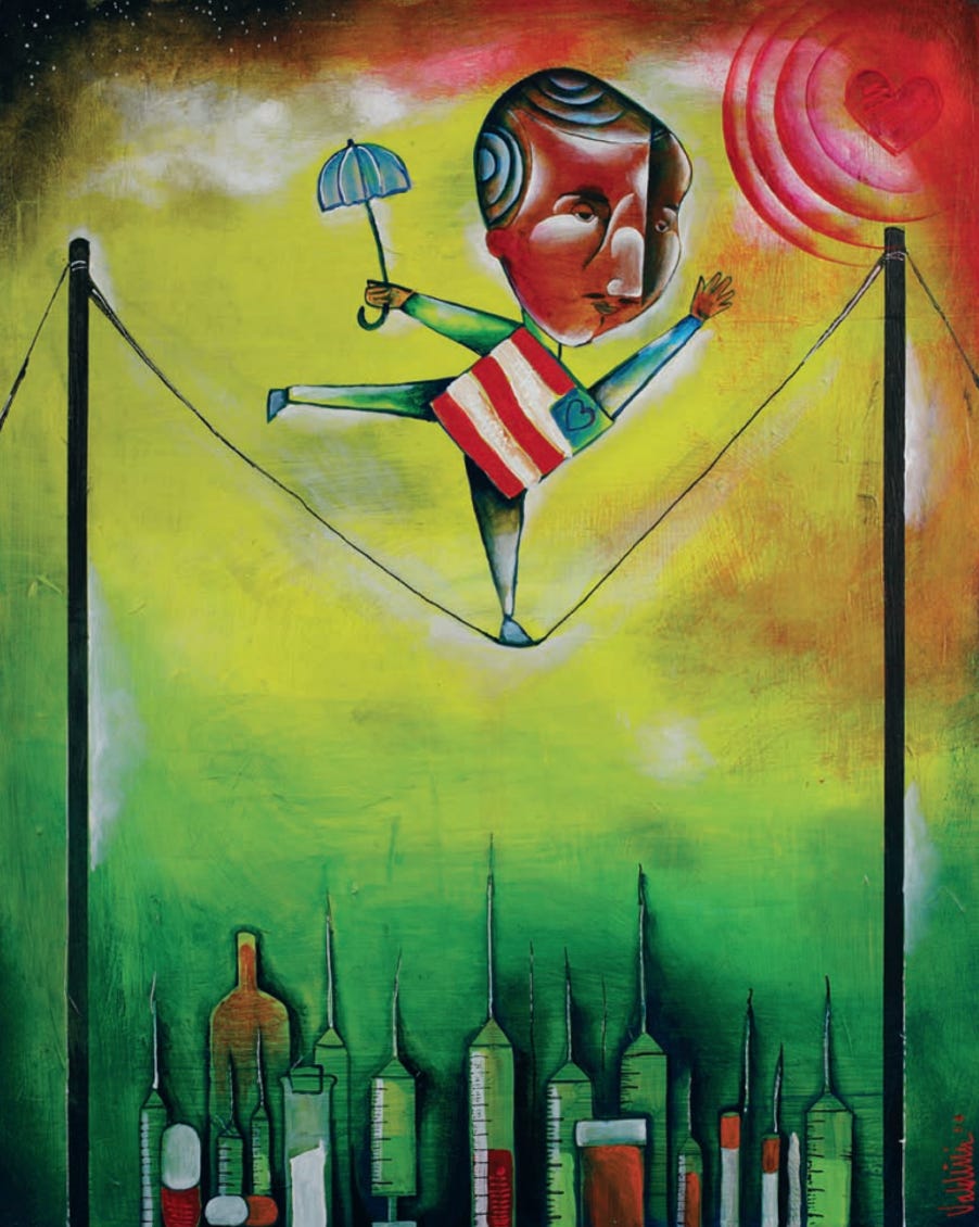A painting of a figure walking a tightrope against a vibrant yellow and green background. He reaches for a red image of a heart in the sky, while below him on the ground are a row of bottles and syringes, symbolizing the addiction from which he seeks to escape. A painting of a figure walking a tightrope against a vibrant yellow and green background. He reaches for a red image of a heart in the sky, while below him on the ground are a row of bottles and syringes, symbolizing the addiction from which he seeks to escape.