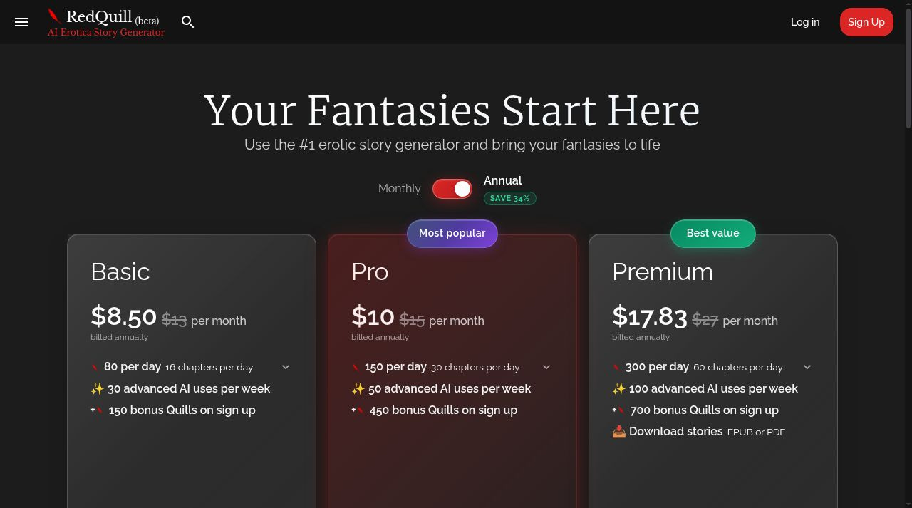 RedQuill pricing page showing Basic, Pro and Premium plans with Quills per day RedQuill pricing page showing Basic, Pro and Premium plans with Quills per day