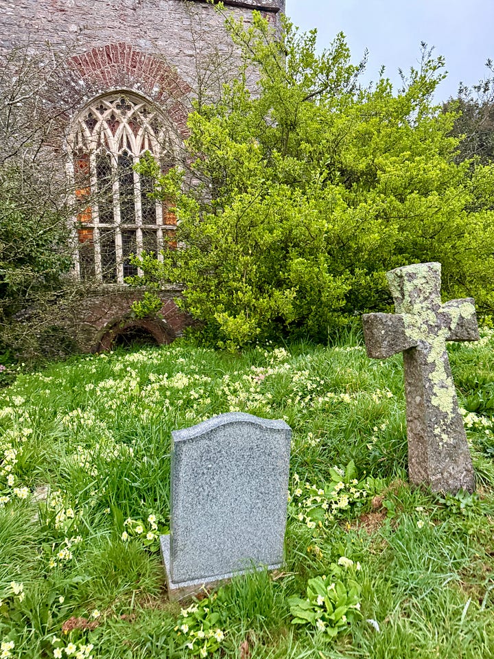 Photo from my trip to Marldon in April 2025: The first two show the hill behind the church, which Goudge considered Gentian Hill. It contains a cemetery. The church has a fabulous back door!