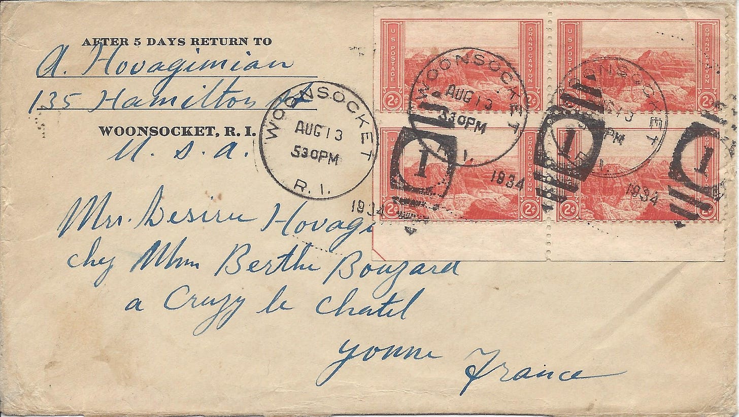 1934 "heavy" letter sent to France