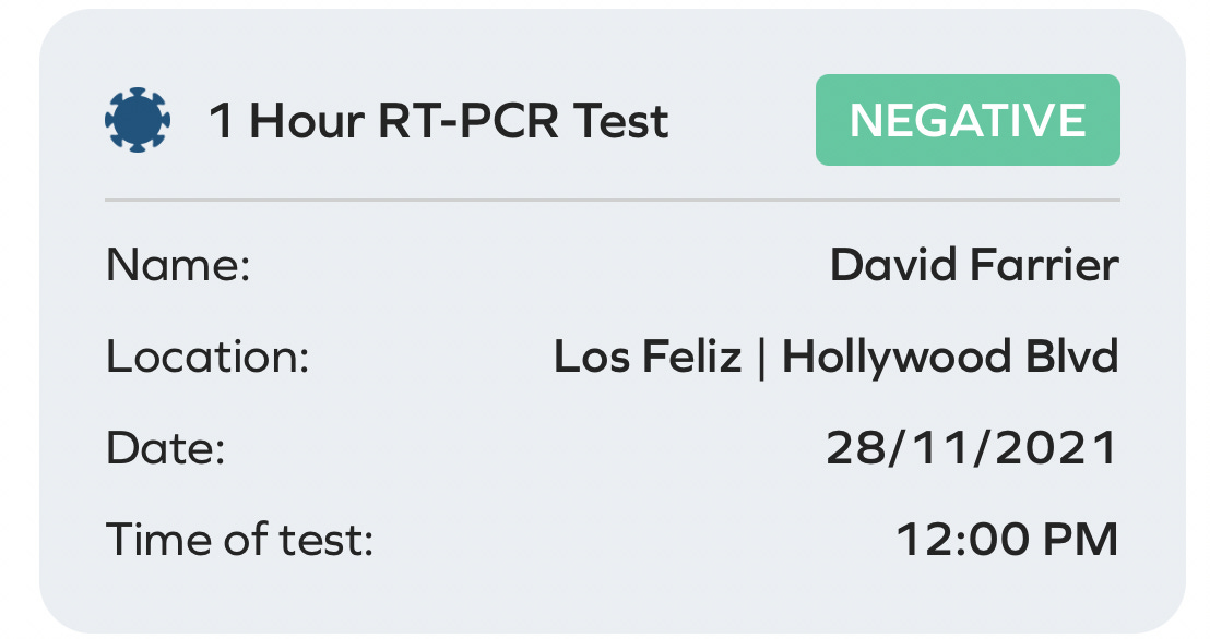 1 Hour RT-PCR Test: NEGATIVE