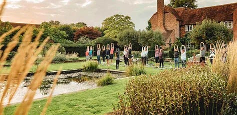 Images of Bore Place in Kent Uk. Woods, people meditating and a stock image of vegetables with a soup