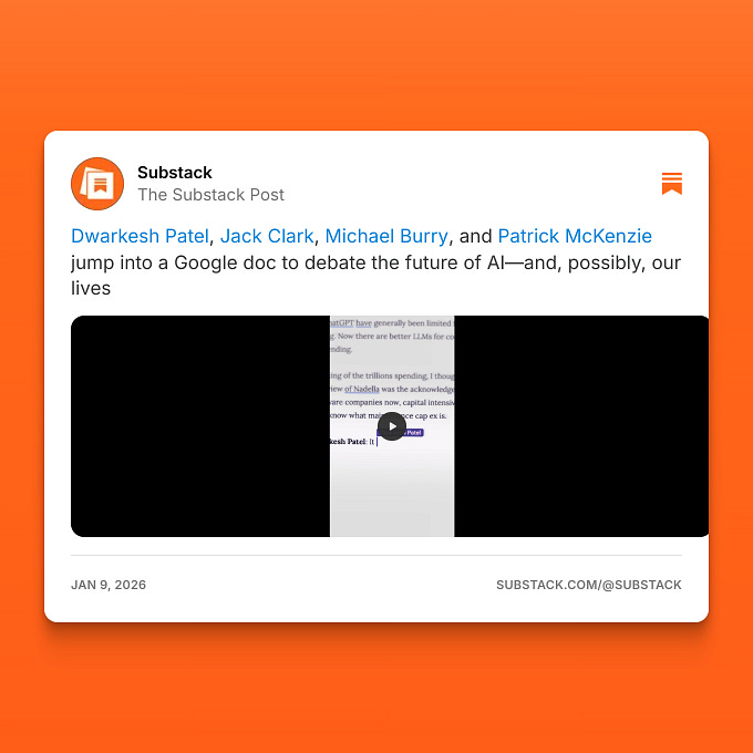 Substack (@substack): "@Dwarkesh Patel, @Jack Clark, @Michael Burry ...