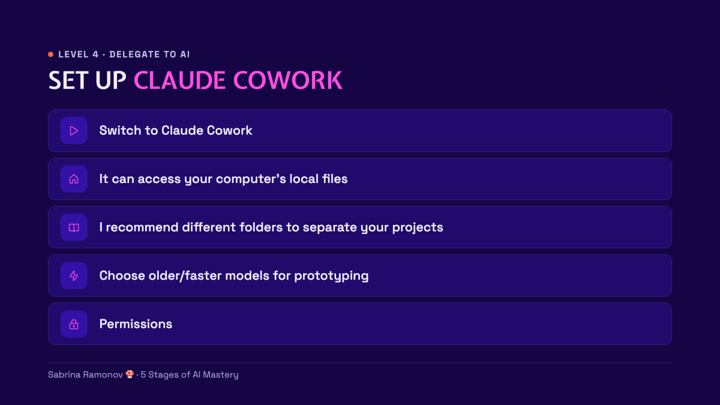 Claude Cowork setup slide covers local folders, project folders, models, and permissions.