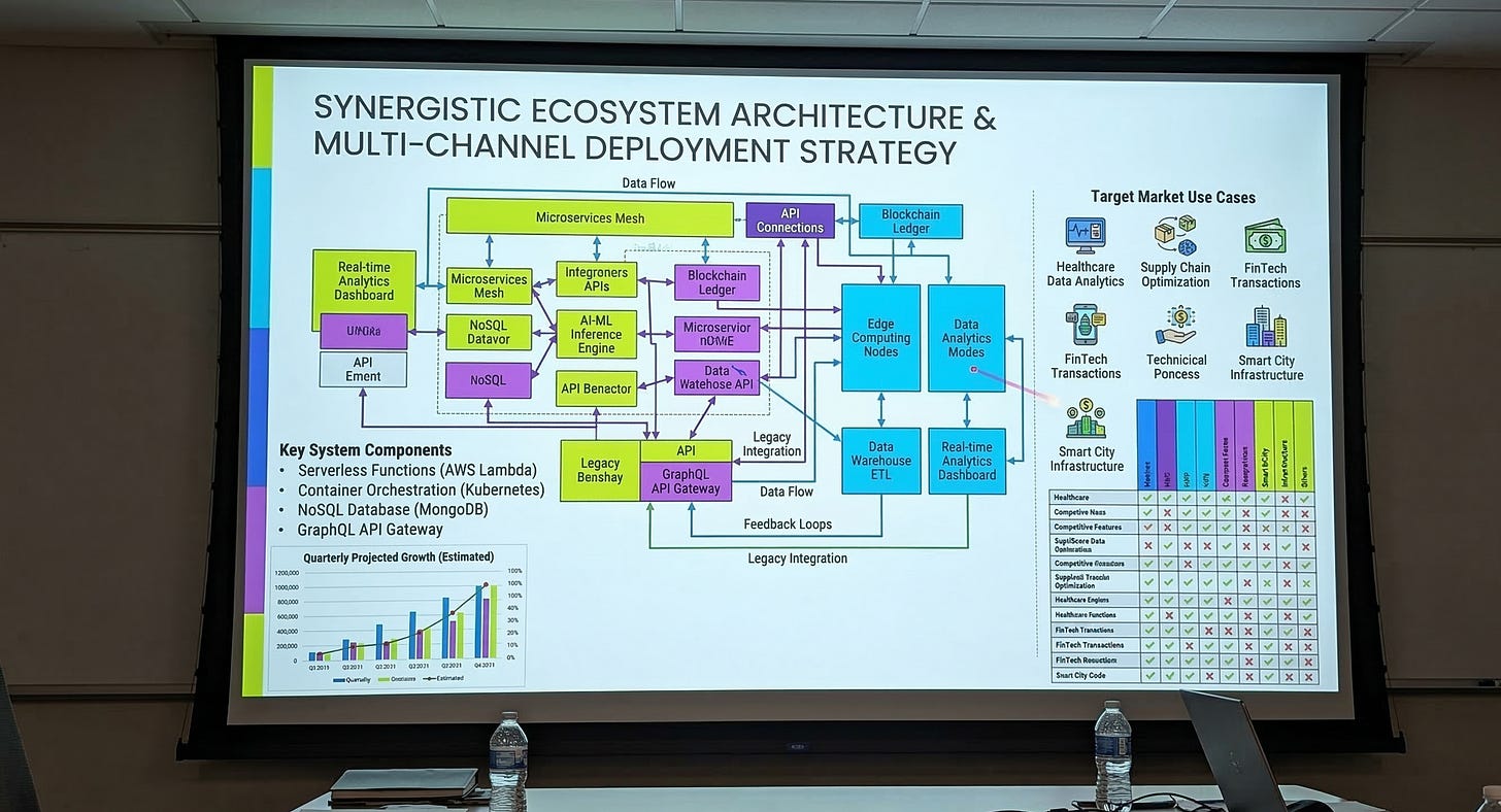 A dense and busy technical slide showing a synergistic ecosystem architecture with dozens of boxes.