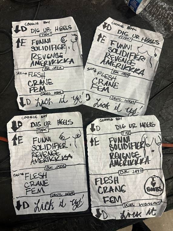 The image appears to be a collection of various handwritten notes or tags, some with playful or mischievous language, and others with misspellings or nonsensical phrases, possibly left on a table or desk.

AI-generated content may be incorrect.