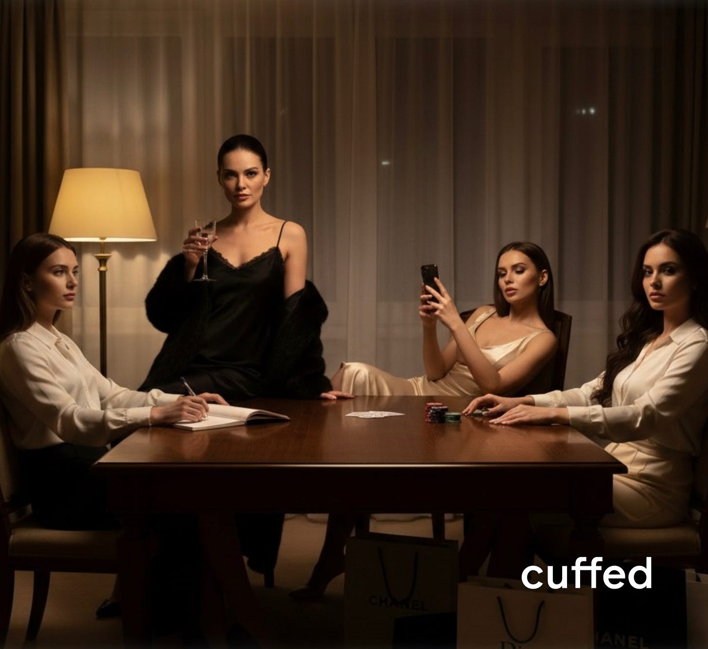 Alt text:   Four women seated around a heavy wooden table in a dimly lit hotel suite, each caught in their own pocket of chiaroscuro light. One holds a crystal glass with poise, another scrolls her phone with shopping bags at her feet, a third writes in a notebook near the window, and the fourth idly touches poker chips. None of them make eye contact, each absorbed in her own world. Warm amber lamps and deep shadows create a cinematic, high-end editorial mood of tension and elegance. Font not visible on this image. The cuffed logo appears bottom-right in white sans-serif with fused “ff.”    SEO tags: cinematic cover art, cuffed brand, moody editorial photography, eastern european women, masculine media aesthetic, brutal honesty in relationships, chiaroscuro tension, luxury hotel scene.  