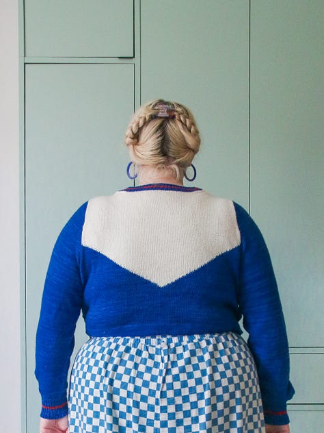 9 more images showing different versions of the Jackpot Jersey made by test knitters