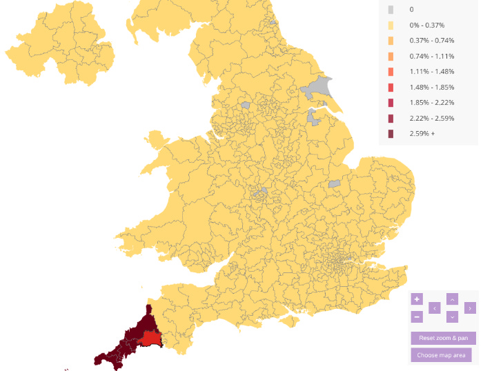 A constituency map, showing a tiny number of signatures in most of the UK, literally none in a handful of seats, and rather more in Cornwall, though less so in the south east