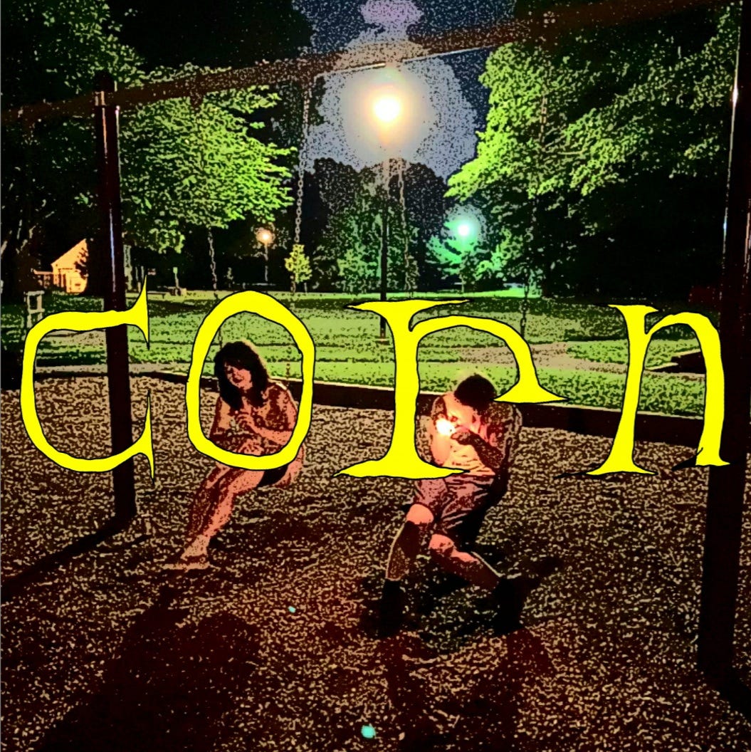 Back of the Corn album cover. Gabbo and Etai on swings.