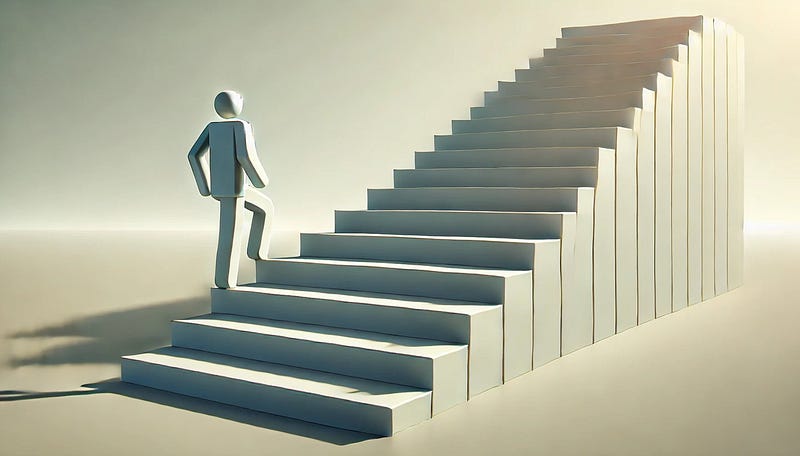 Cartoon of person climbing simple stairs representing the need to set realistic goals.