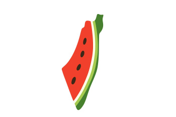 The image shows a piece of watermelon whose shape forms the outline of Israel.