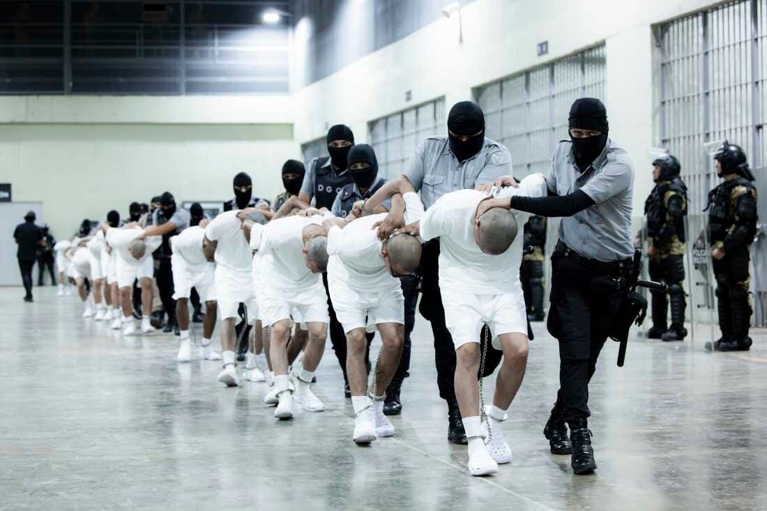 In this photo provided by El Salvador's presidential press office, prison guards transfer deportees from the U.S., alleged to be Venezuelan gang members, to the Terrorism Confinement Center in Tecoluca, El Salvador, Sunday, March 16, 2025.