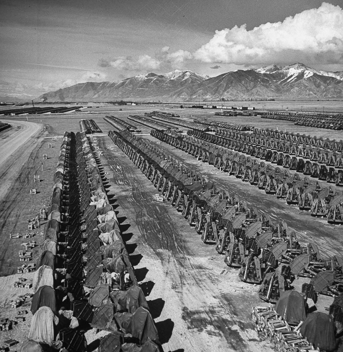 Numerous armored vehicles packed together in storage at a U.S. facility, post-WWII, 1946. Numerous armored vehicles packed together in storage at a U.S. facility, post-WWII, 1946.