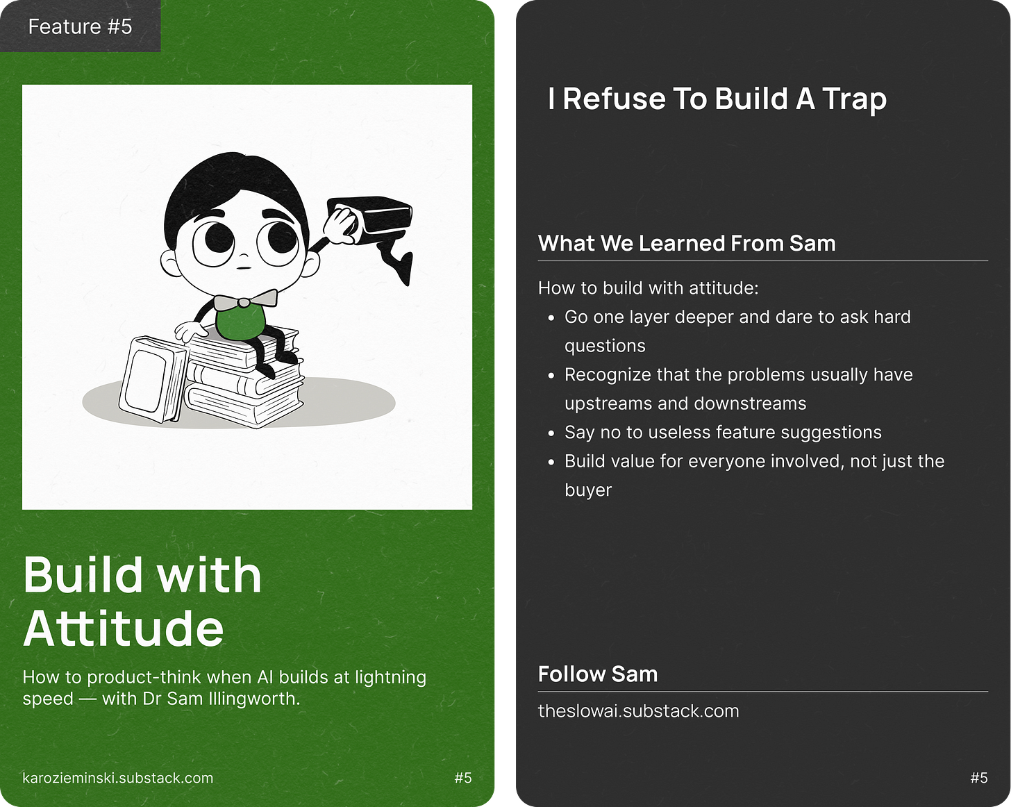 Build with Attitude feature card for Dr Sam Illingworth's essay "I Refuse To Build A Trap" with four product-thinking lessons including asking hard questions and building value for everyone, not just the buyer.