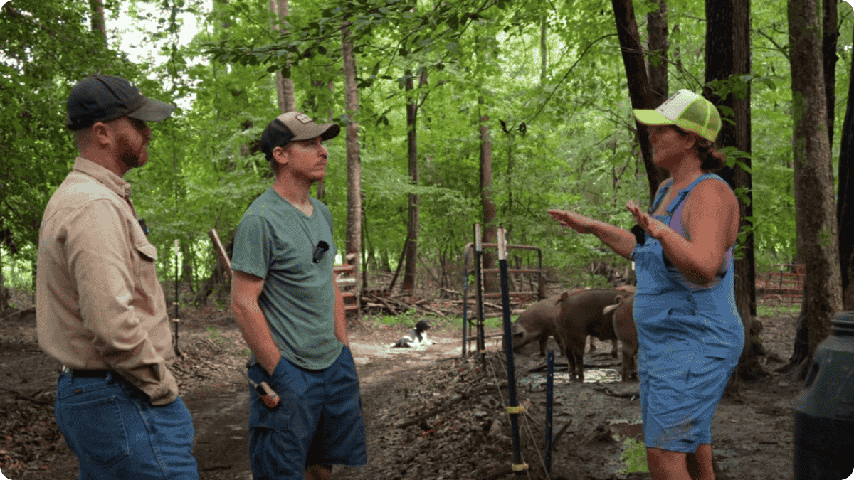 Three people stand in conversation at Rehoboth Farms in Virginia, with pigs and trees in the background. The farmer in blue overalls gestures while explaining, highlighting regenerative pig farming practices.