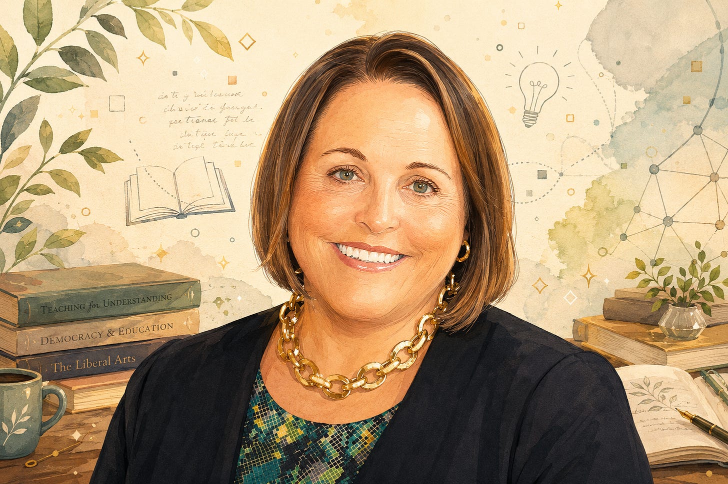 A polished, lightly whimsical cartoon-style portrait shows a smiling woman with shoulder-length brown hair, gold earrings, a bold gold chain necklace, a black blazer, and a green-and-blue patterned top. She faces forward against a warm cream-colored background filled with scholarly and creative details: stacked books, leafy branches, an open notebook, a pen, a mug, soft geometric sparkles, faint handwritten notes, a lightbulb drawing, and delicate network-like lines. The overall effect is friendly, thoughtful, and academic, suggesting creativity, teaching, and intellectual inquiry.