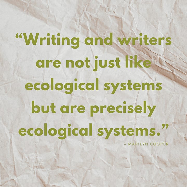 “Writing and writers are not just like ecological systems but are precisely ecological systems.” —Marilyn Cooper. “Identity and selfhood, when viewed from an ecological perspective, can be defined as the awareness an individual organism has of its membership in society.” —Christian Weisser