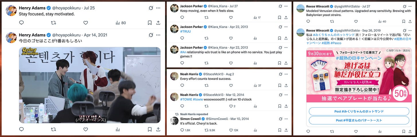 screenshots of the spam accounts' timelines, showing gaps in activity spanning multiple years screenshots of the spam accounts' timelines, showing gaps in activity spanning multiple years