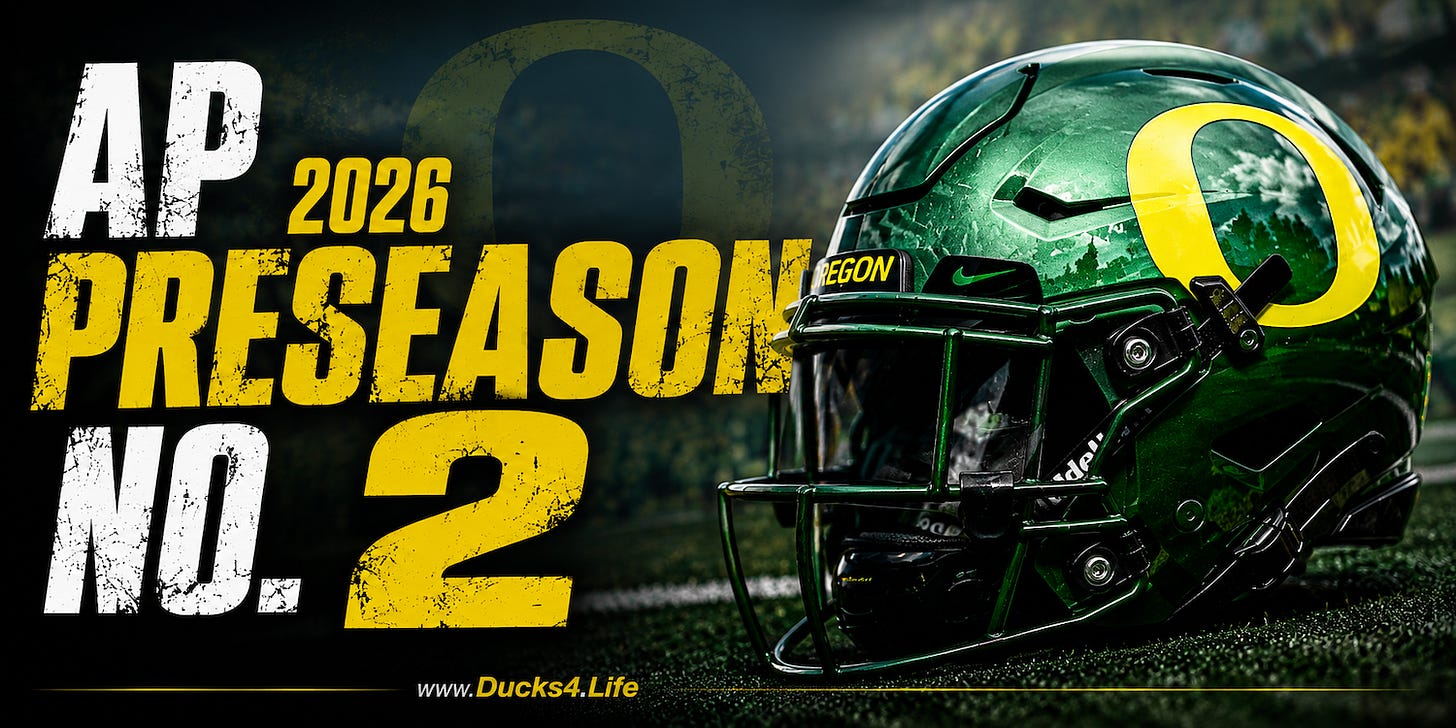 Image of Oregon Ducks football helmet with a large AP preseason No. 2 banner. The image is attached to a link for buying Oregon Football tickets. Secure your seat for Big Ten action, cheer on the Ducks live at Autzen Stadium, and experience Oregon gameday in Eugene. 