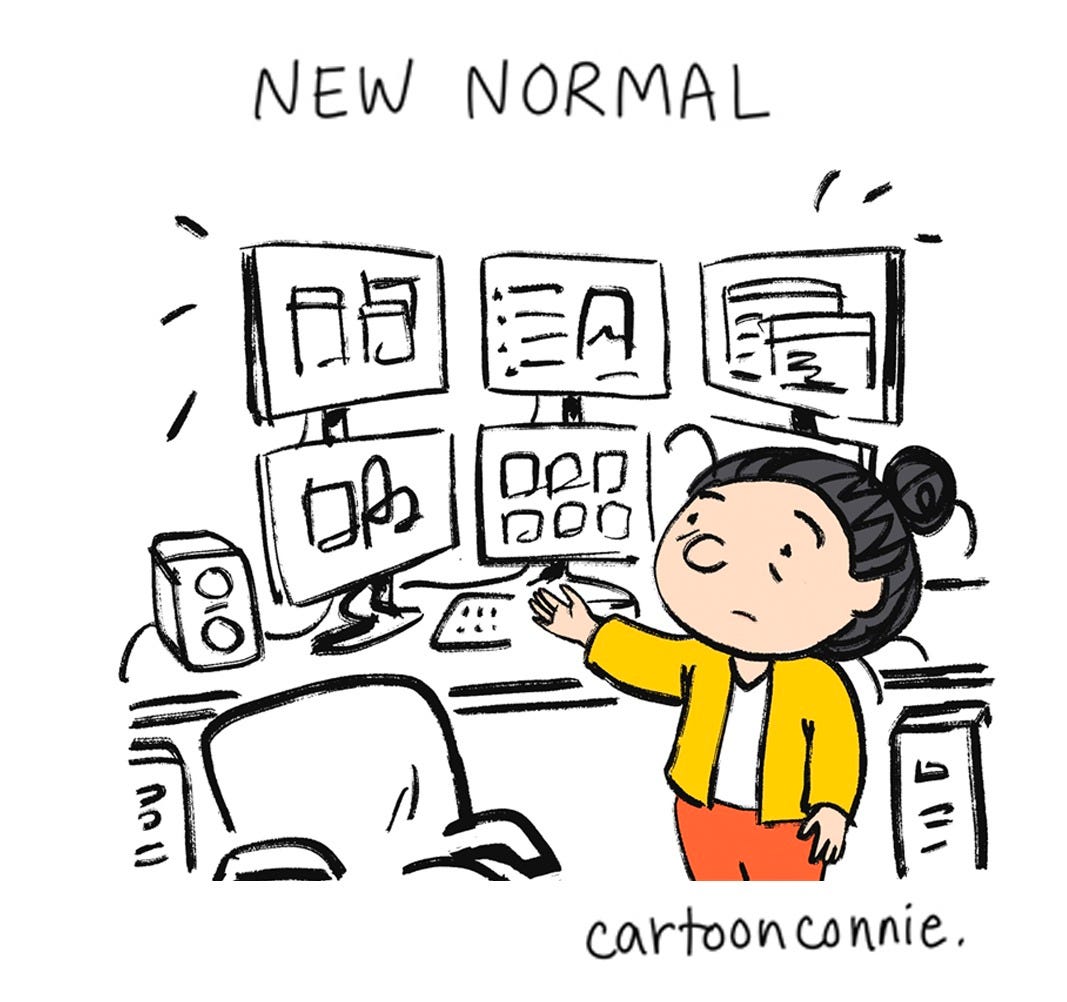 Title illustration of a 6-panel comic about the new normal of A.I. and technology in modern life. Titled "New Normal," original art by Connie Sun, cartoonconnie, 2026. 