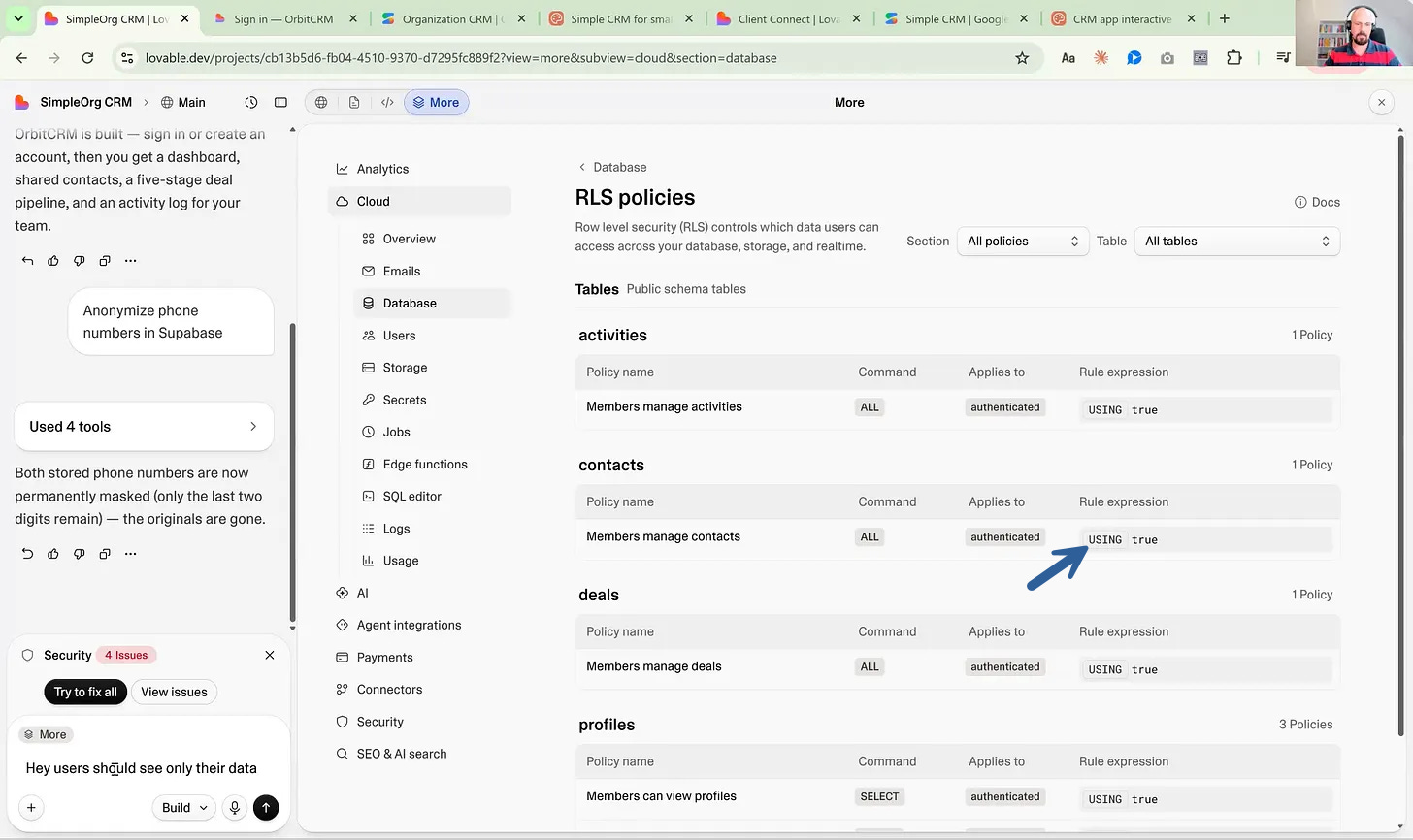 Lovable, Cloud → policies: contacts are USING true Lovable, Cloud → policies: contacts are USING true