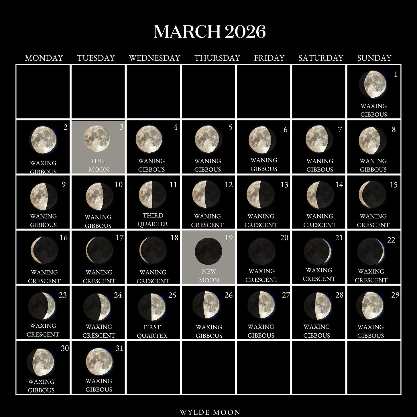 2026 Moon Calendar - every phase and stage of the moon