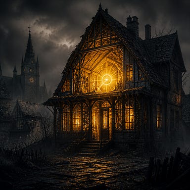 Abandoned house in Vallaki glowing from within as a miniature sun blooms inside