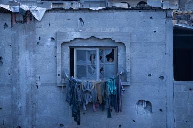 1. An Israeli family holds a bar mitzvah in an underground bomb shelter near Nahariya after Hezbollah rocket attacks following their commander’s killing in Lebanon. Amit Elkayam. 2. A child looks through a broken window in Rafah, where 1.5 million displaced Palestinians sought refuge from Israeli forces. Fatima Shbair—AP. 3. A Hezbollah member shows injuries from a pager explosion in Beirut during September sabotage attacks that killed 42 and wounded 3,000. William Daniels. 4.Tuqa Ossama Ibrahim, 12, who lost her legs in a Gaza airstrike, sits in her wheelchair during Ramadan at Emirates Humanitarian City. Amr Alfiky—Reuters. 5. Families of Gaza hostages complete a four-day march to Jerusalem, pressing the Israeli government for a ceasefire deal with Hamas. Tamir Kalifa. 6. Layan Harouda, 15, a Gaza refugee, floats in Qatar’s waters while reflecting on war trauma and an uncertain future. Tanya Habjouqa.