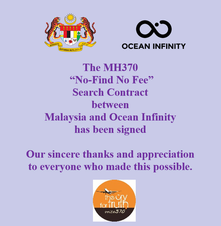 May be a graphic of text that says "O OCEAN INFINITY අர ERCAMBAN The MH370 "No-Find No Fee" Search Contract between Malaysia and Ocean Infinity has been signed Our sincere thanks and appreciation to everyone who made this possible. thecry fortrumih 370 70"