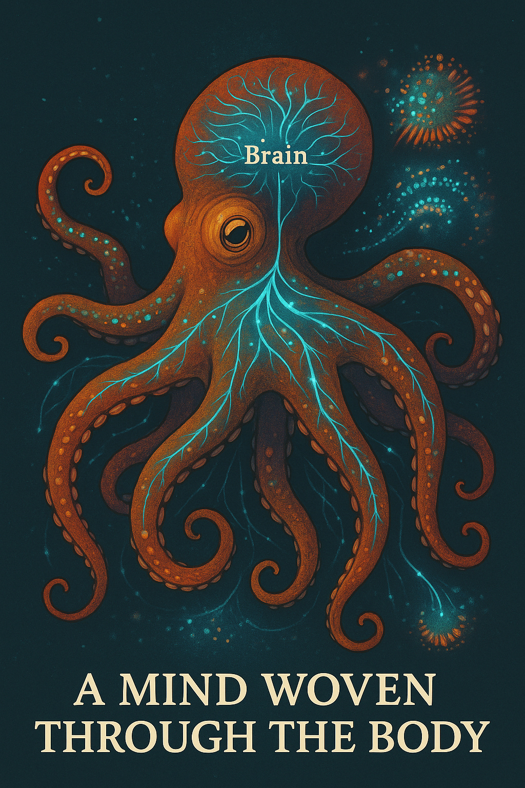A detailed digital illustration of an octopus in deep teal water, its body glowing with bright blue neural pathways that extend from the central brain into each arm. The octopus is painted in warm oranges and browns, with chromatophore-like dots across its skin. The neural map emphasises distributed intelligence flowing through the arms. Text at the bottom reads: “A Mind Woven Through the Body.”
