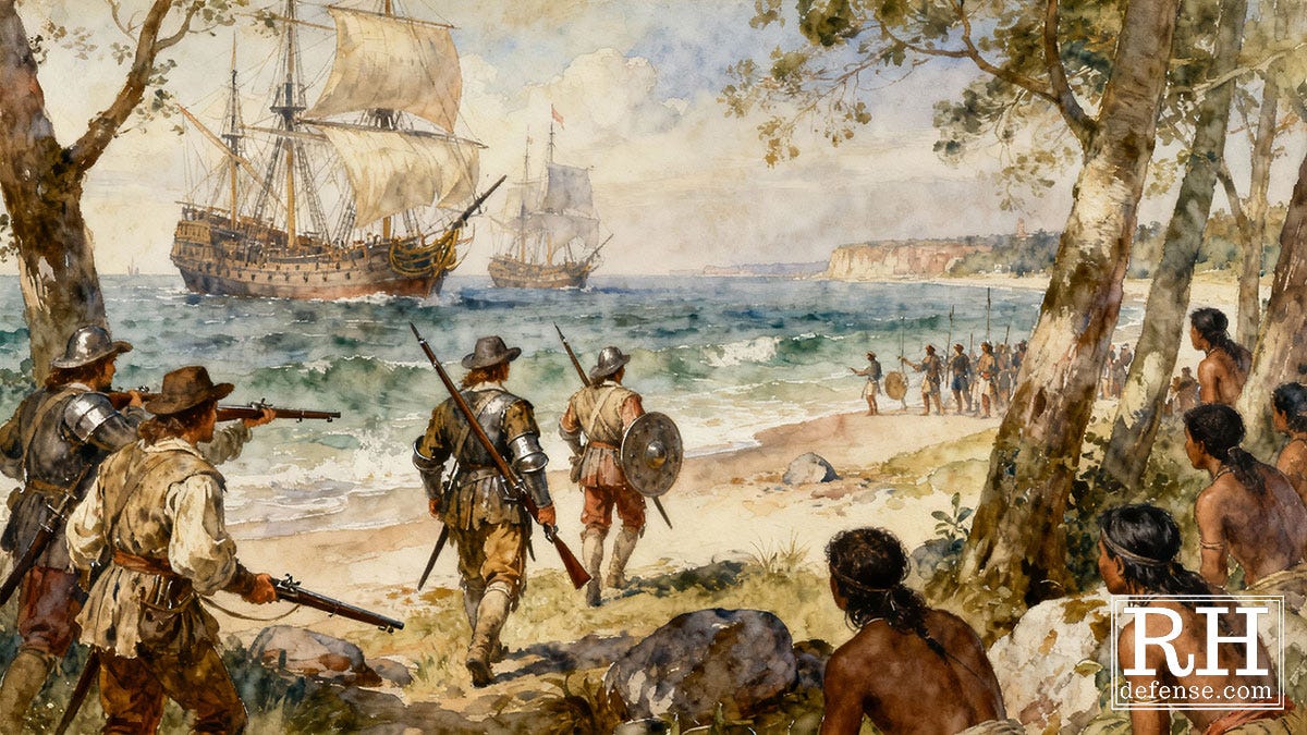 A watercolor-and-oil style illustration showing armed European colonizers landing on a North American shoreline. Three colonizers with matchlock muskets and pikes walk toward the beach while Indigenous people watch warily from the trees. Large wooden sailing ships sit offshore, and a group of Indigenous people stand at the waterline, observing the armed approach. The mood is tense, foreshadowing conflict rather than cooperation.