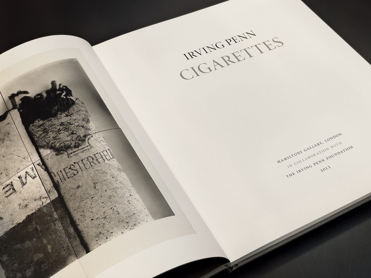 Irving Penn: Cigarettes, opened to the title page. A platinum-palladium print of a flattened Chesterfield cigarette faces the Hamiltons Gallery colophon. Photograph by Sean Perry.