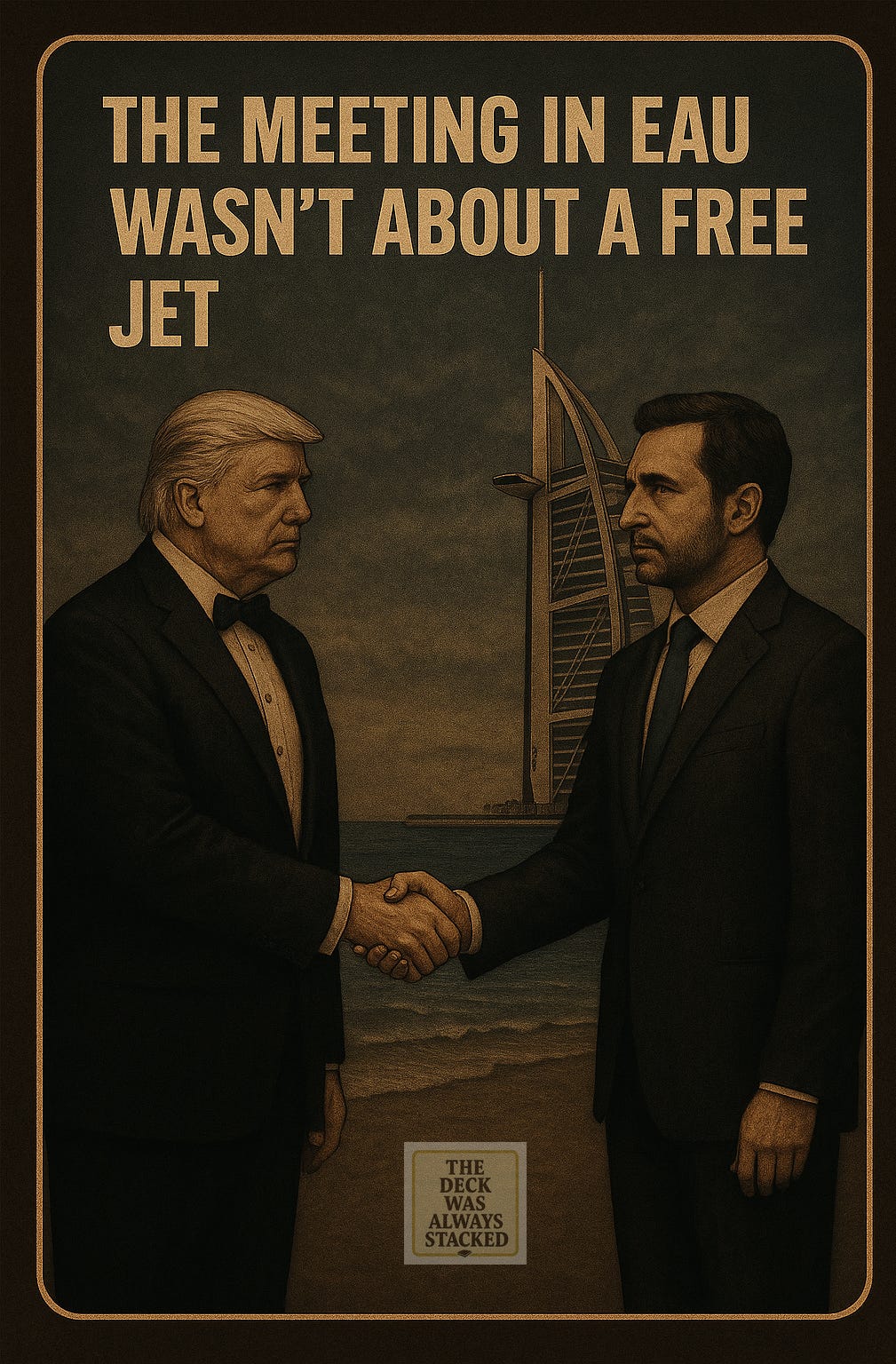 A traditional-style image of two men in formal attire shaking hands on a marina dock in the United Arab Emirates. Behind them, sleek yachts shimmer in the water. The handshake appears official, but their expressions are unreadable.