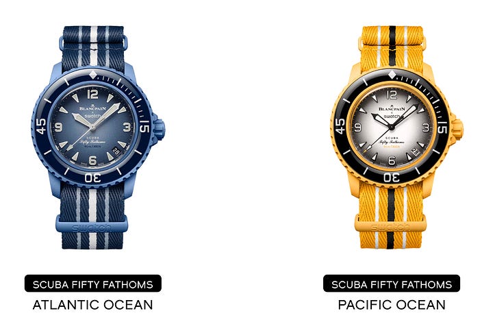 Modelos Swatch das linhas emm colaboração com a Omega: Moonswatch e Blancpain Scuba