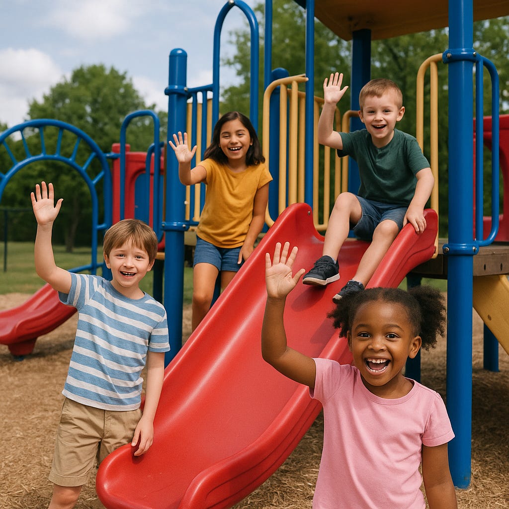 An AI-generated image of multiple kids welcoming you on a playground.  Boys and girls.  Multiple races.  Everyone invited.