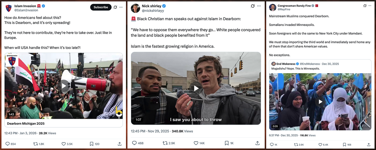 collage of X posts attacking Dearborn from 2025