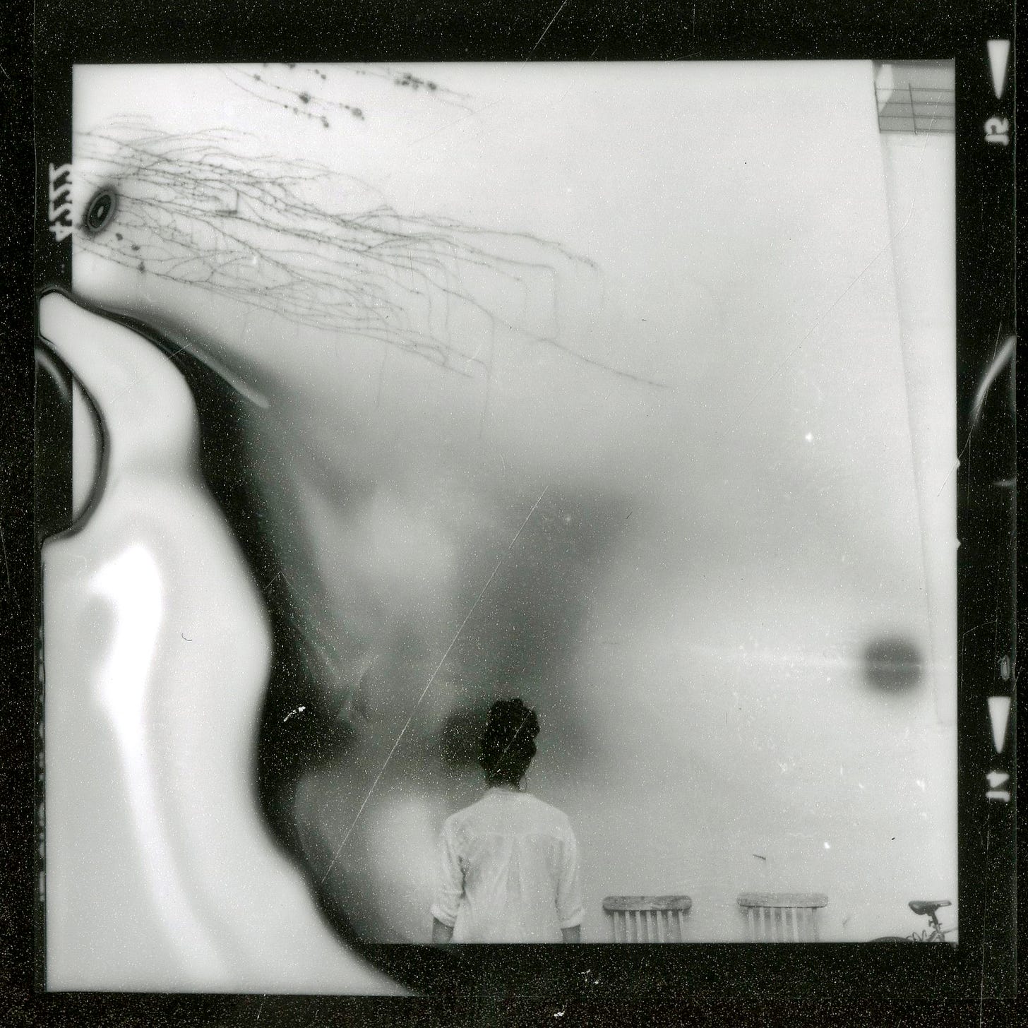 an emulsion test photo with a central figure, back facing the viewer, in black and white an emulsion test photo with a central figure, back facing the viewer, in black and white