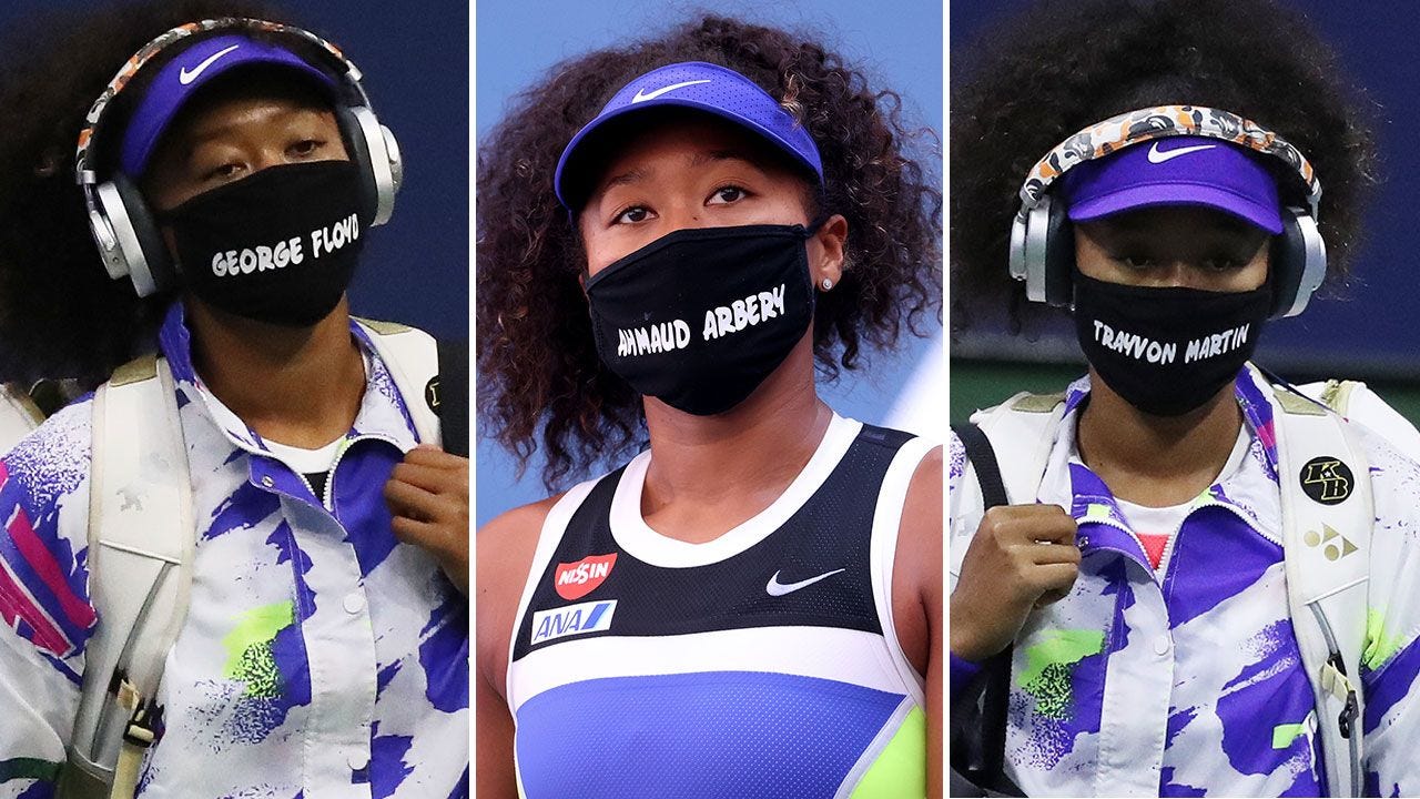 composite of naomi osaka wearing masks reading george floyd ahmaud arbery and trayvon martin