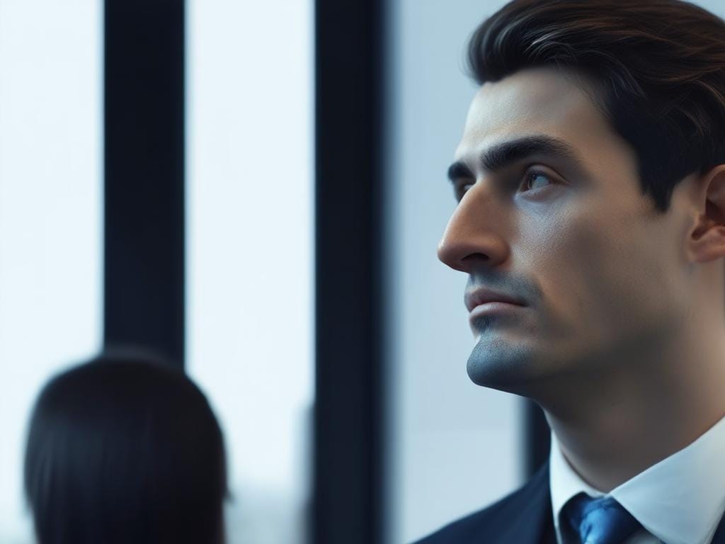 Introspective Businessman in Reflection Introspective Businessman in Reflection