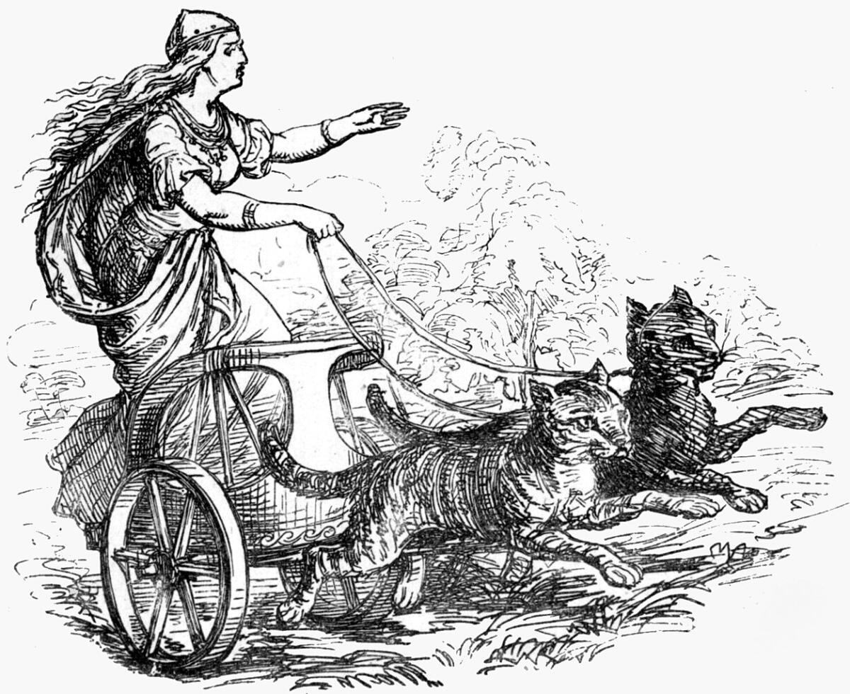 the goddess Freyja riding with her cats.