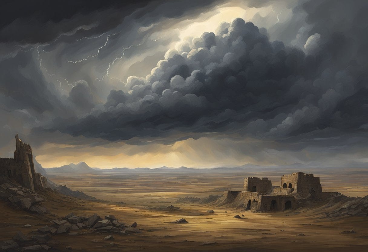 A desolate landscape with dark storm clouds looming overhead, symbolizing the tribulation period in Christian eschatology. Ruined buildings and barren land convey the turmoil and devastation of end-time prophecy