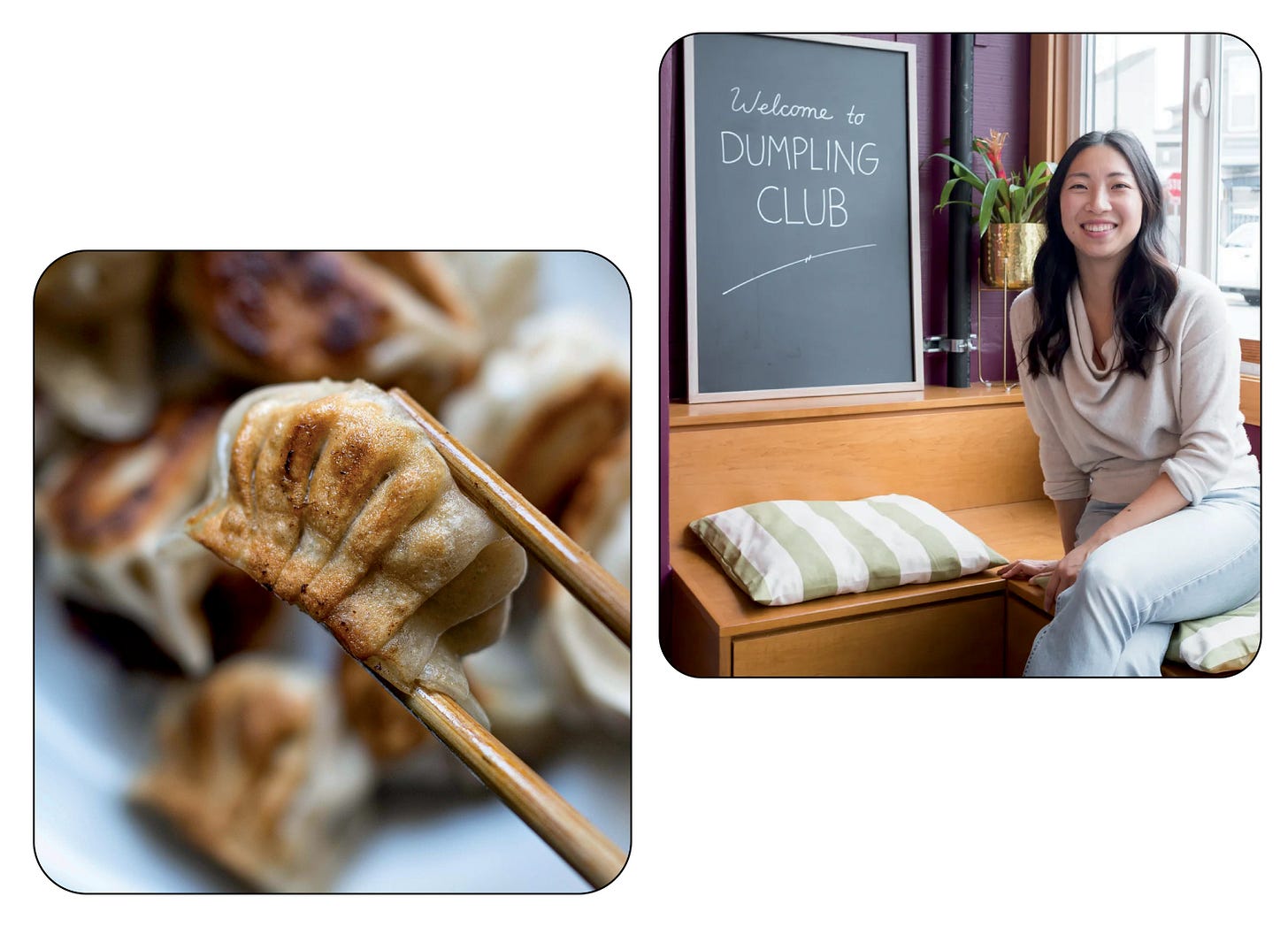 Left: a pan-fried dumpling from Dumpling Club; Right: Cathay Bi in her shop