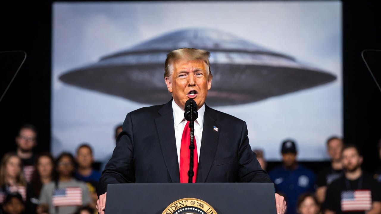 A photograph of Donald Trump speaking at a podium with a UFO image in the background, in a dramatic style.