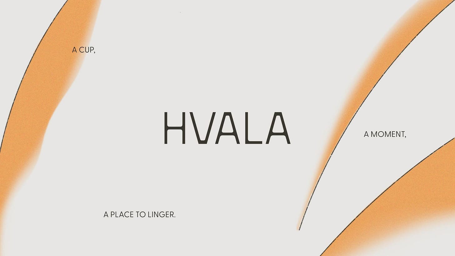 Hvala wordmark alongside abstract ‘in motion’ graphic motif